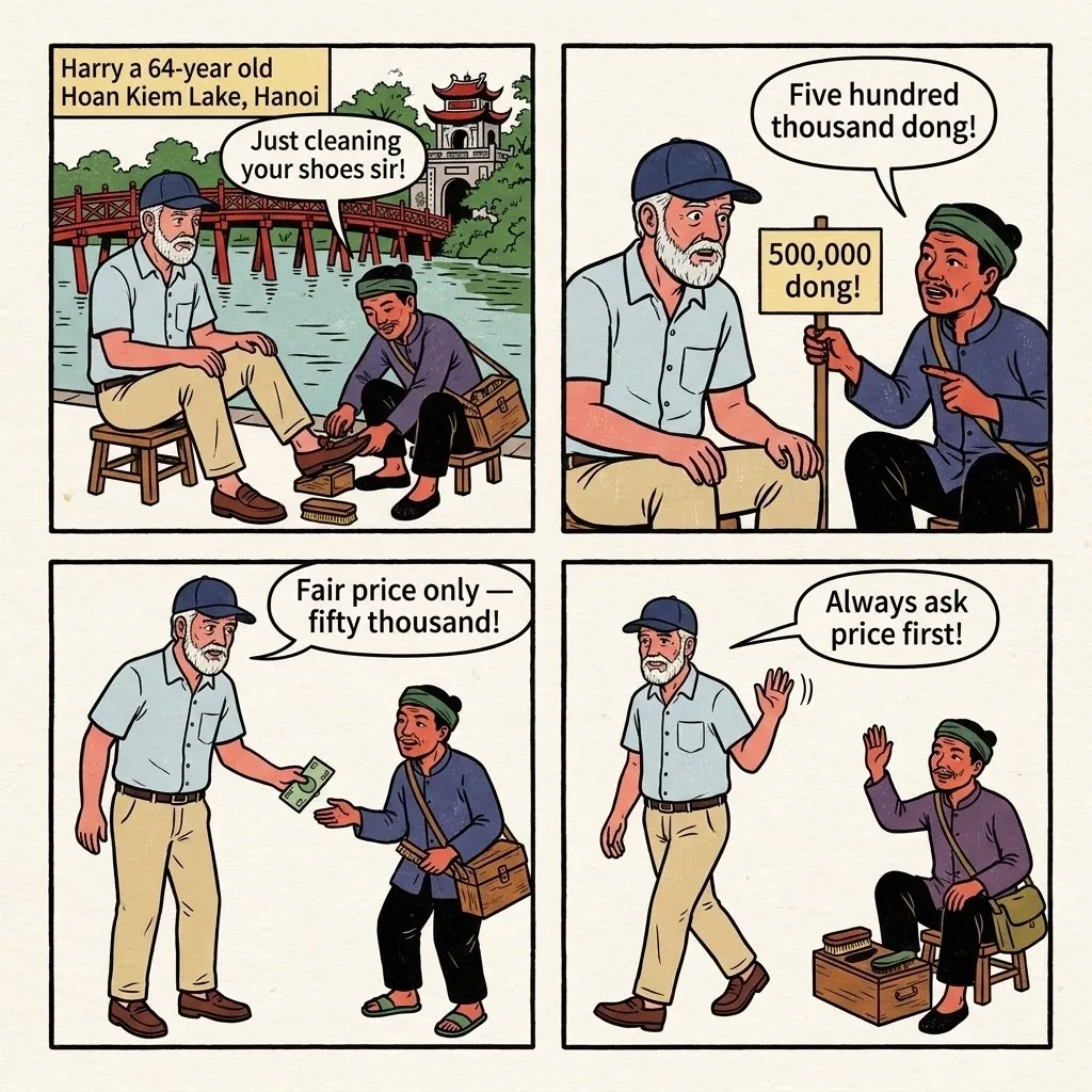 Hanoi Old Quarter Shoe-Shine Aggressive Upcharge — comic illustration