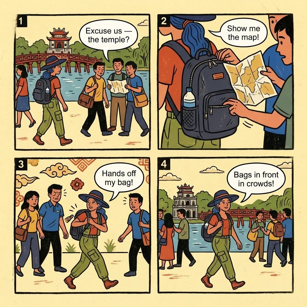 Hanoi Old Quarter Pickpockets & Hoan Kiem Lake Distraction Thefts — comic illustration