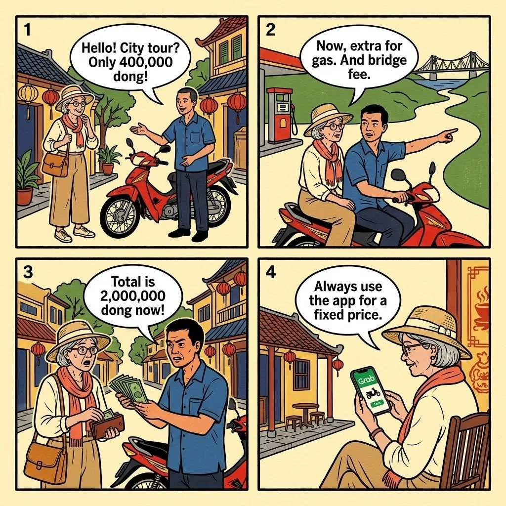 Hanoi Xe Om / 'Free Motorbike Tour' & City-Tour Overcharge — comic illustration