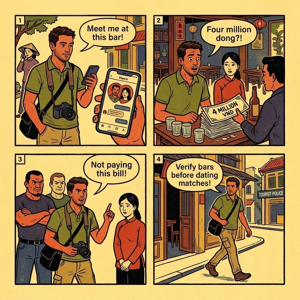 Hanoi Tinder / Overpriced Bar Extortion Scam — comic illustration