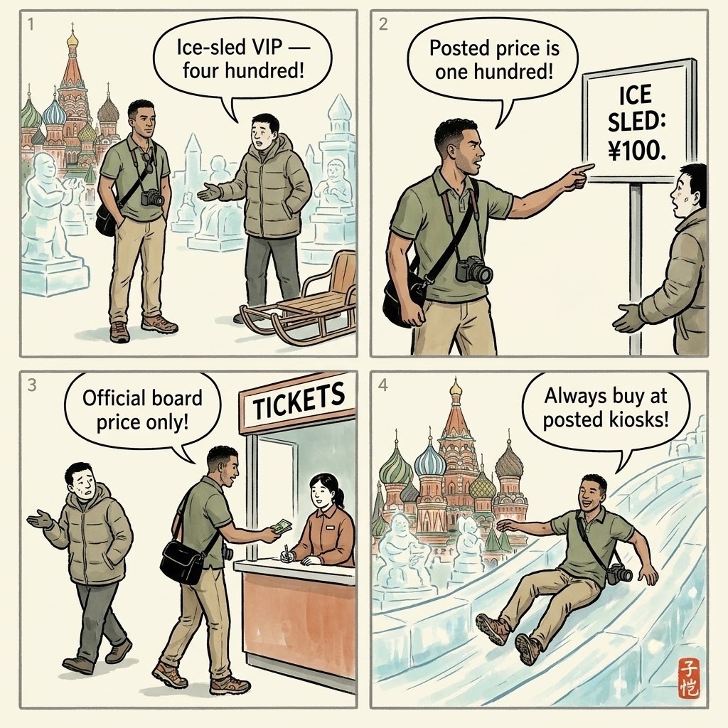 Harbin Ice and Snow Festival Ticket & 'Snow Village' Overcharge — comic illustration