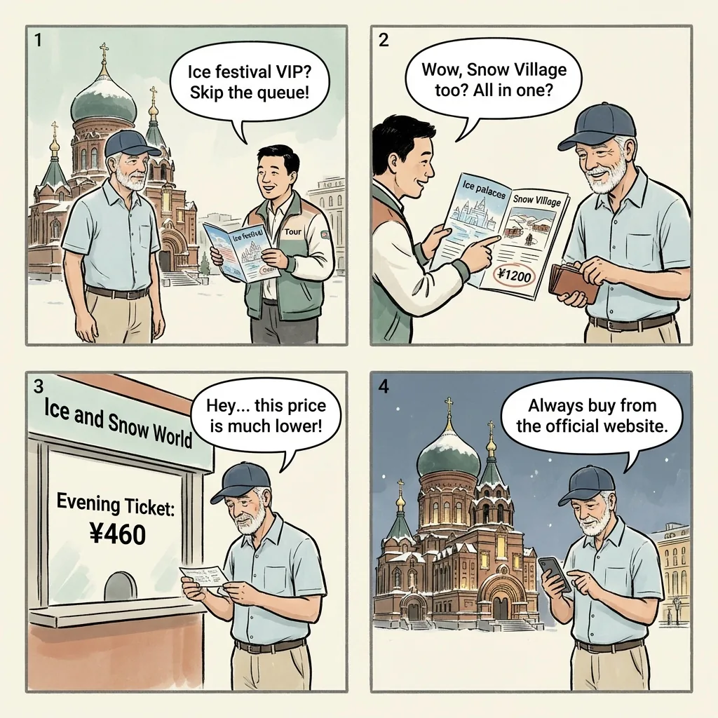 Harbin Ice and Snow Festival Ticket & 'Snow Village' Overcharge — comic illustration