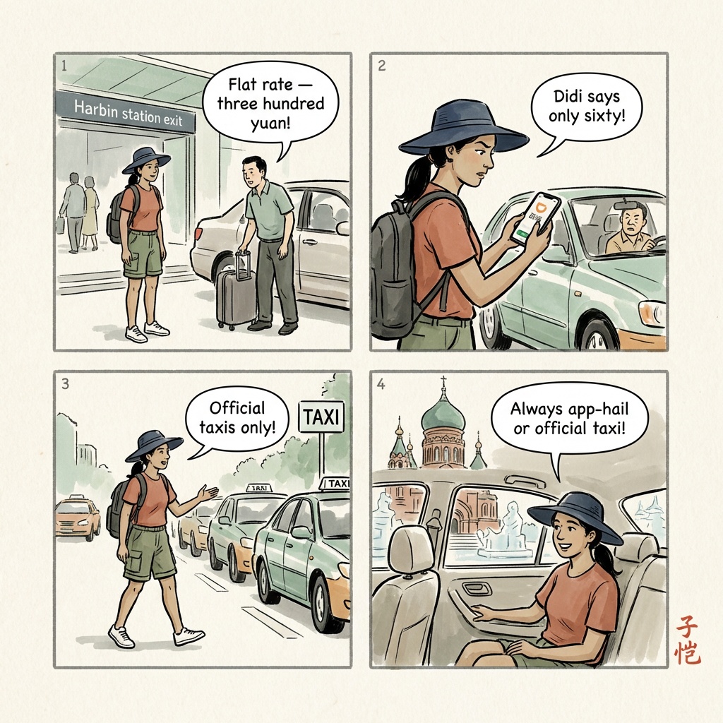 Harbin Airport & Winter Transit Taxi Overcharge — comic illustration