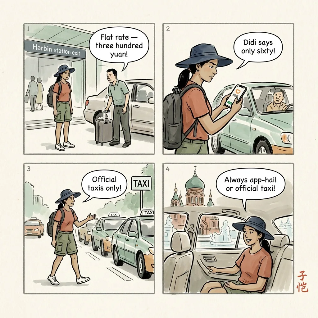 Harbin Airport & Winter Transit Taxi Overcharge — comic illustration