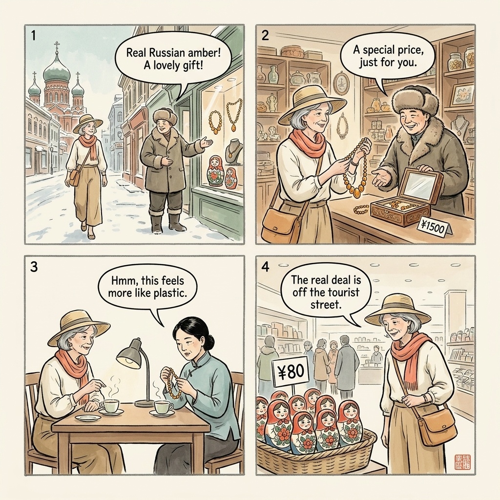 Zhongyang Street Russian 'Souvenir' & Fur Coat Scams — comic illustration