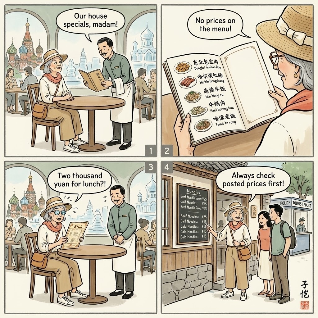 'Traditional Russian Dinner' Tourist-Restaurant Overcharge — comic illustration