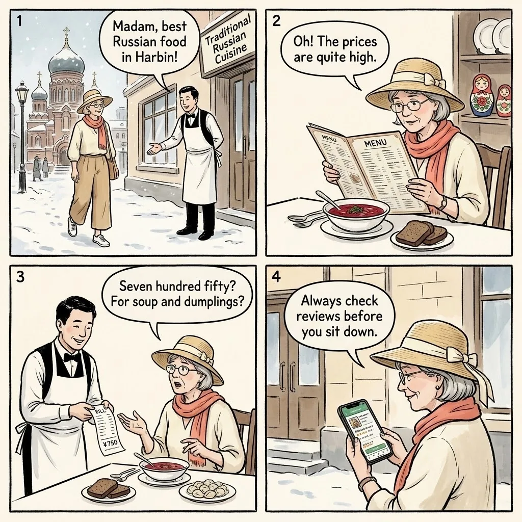 'Traditional Russian Dinner' Tourist-Restaurant Overcharge — comic illustration