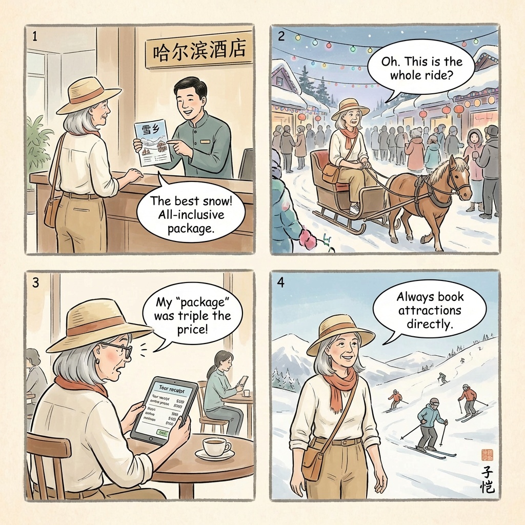 Snow Village Overnight Package Scam — comic illustration