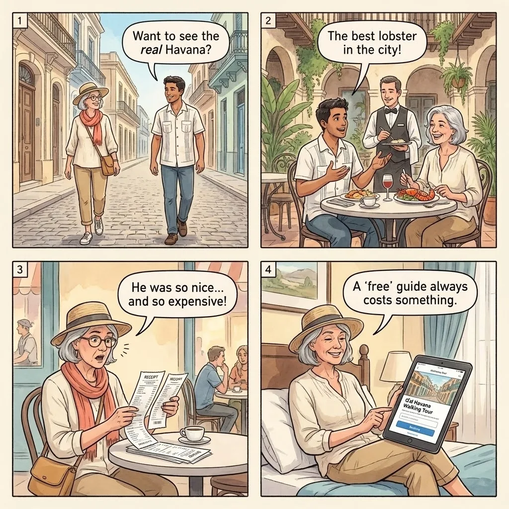 The Old Havana Jinetero Commission Tour — comic illustration