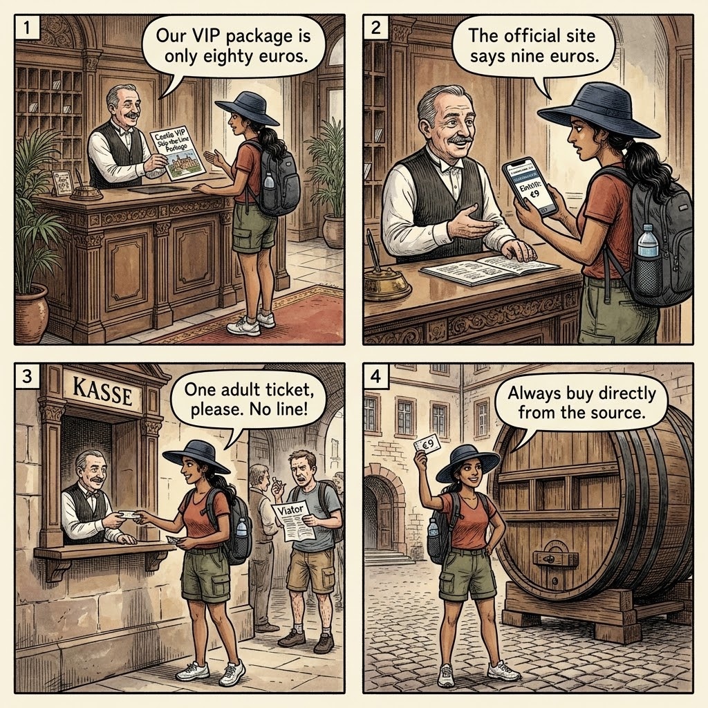 Heidelberg Castle Ticket Reseller & 'Skip-the-Line' Scam — comic illustration