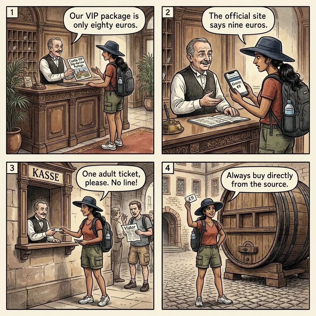Heidelberg Castle Ticket Reseller & 'Skip-the-Line' Scam — comic illustration