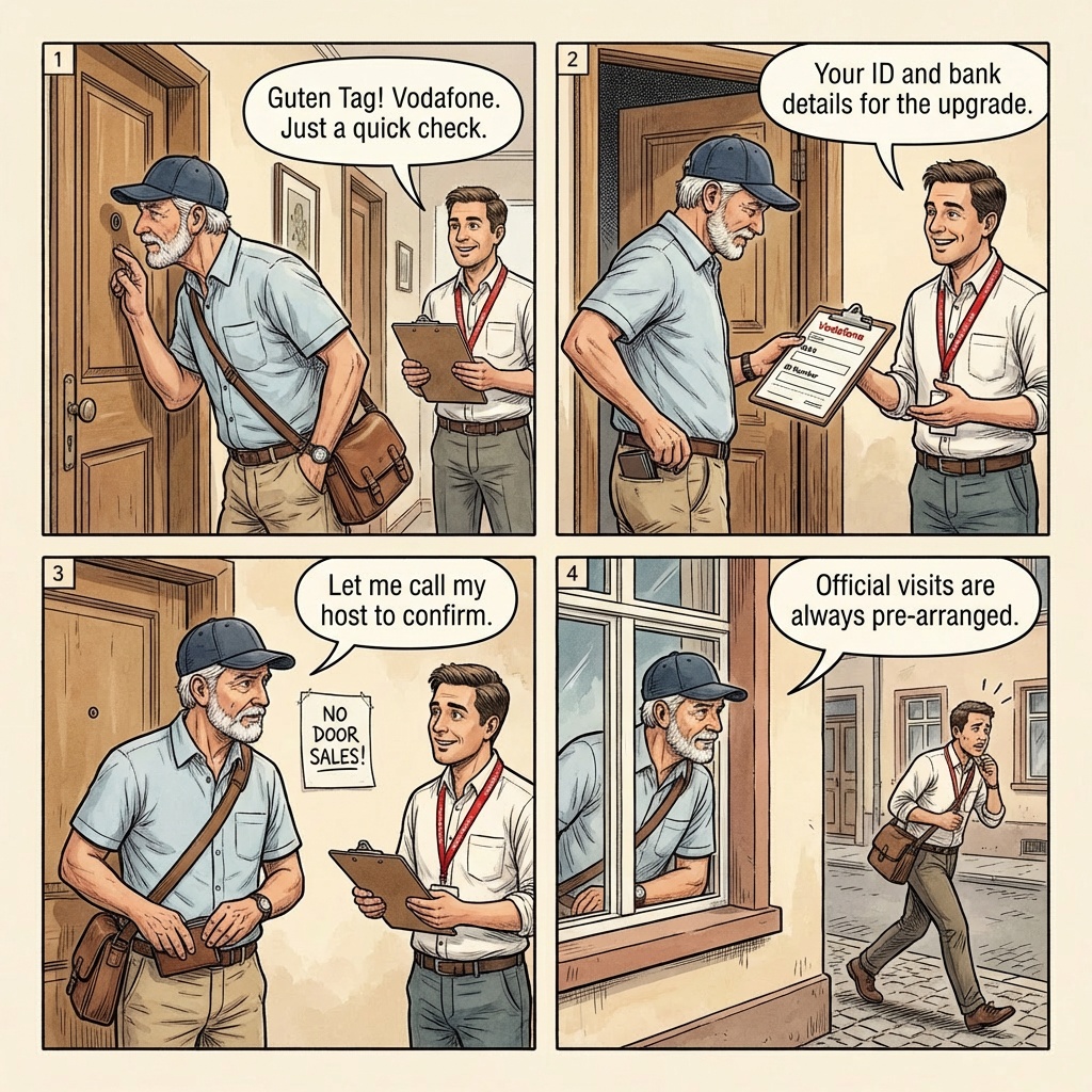 'Vodafone Berater' & Door-to-Door Utility Sales Scam — comic illustration