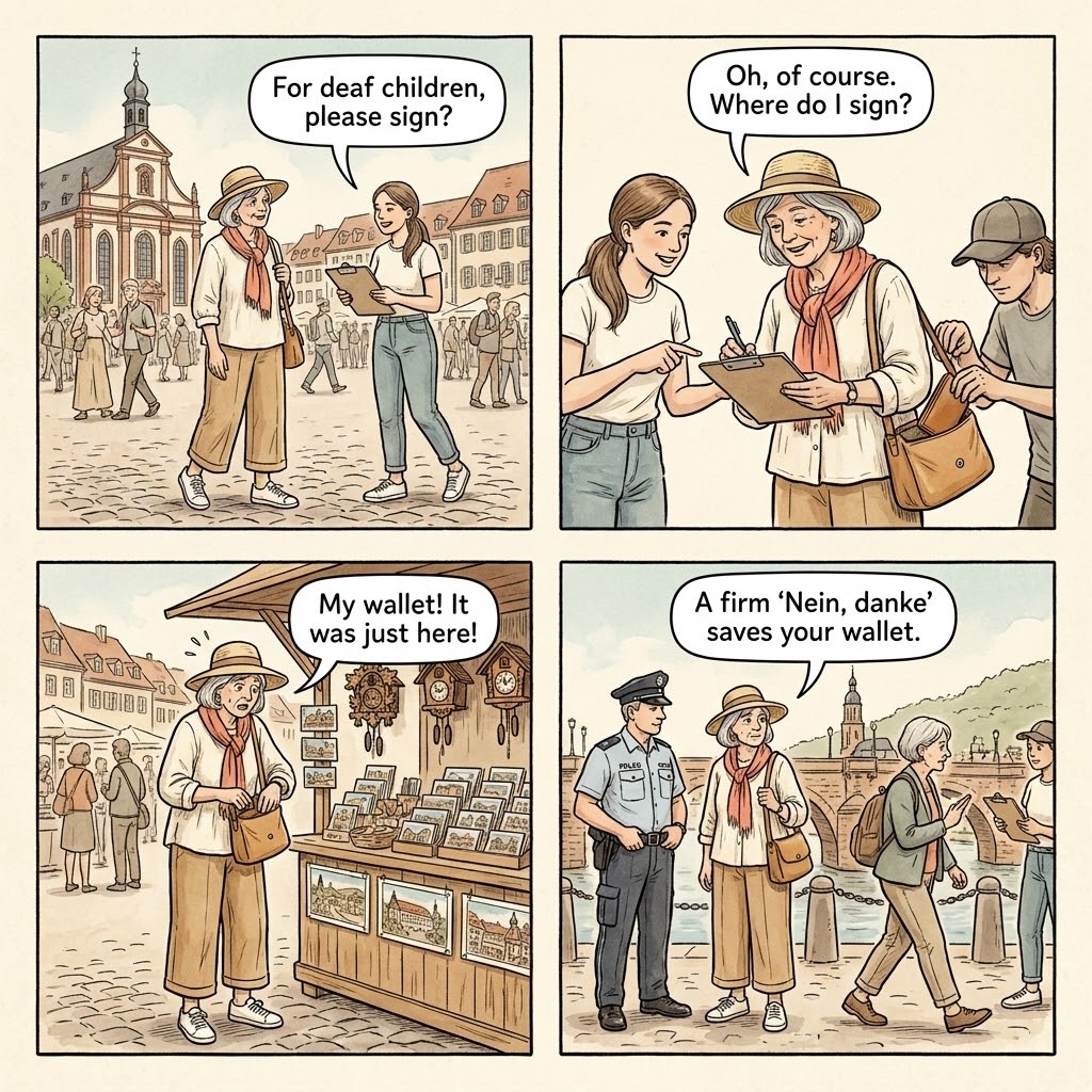 Heidelberg Hauptbahnhof & Altstadt Approach Scams — comic illustration