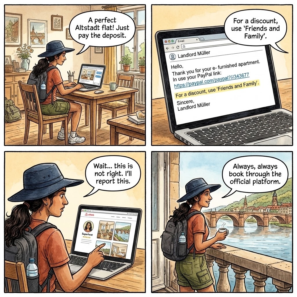 Heidelberg STR & Student-Market Apartment Rental Fraud — comic illustration