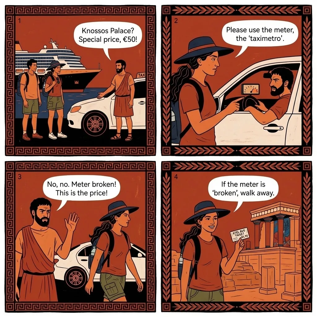 Heraklion Airport & Cruise Port Taxi Overcharge — comic illustration
