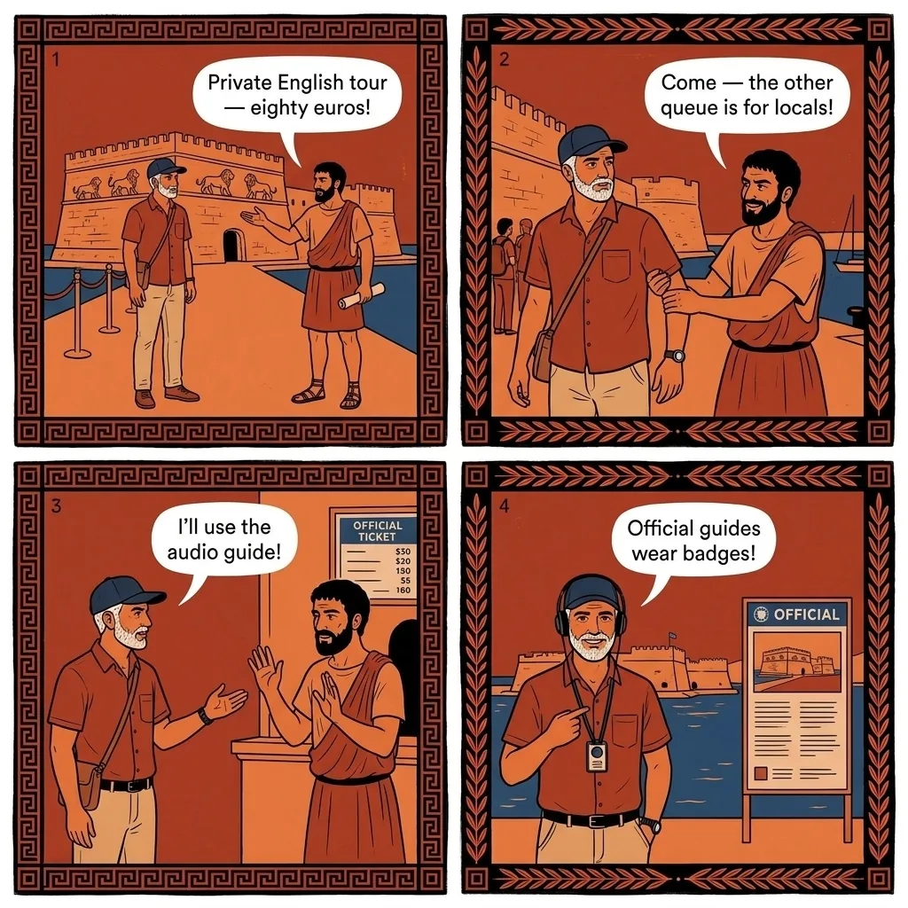 Knossos Palace 'Official Guide' Private Tour Pressure — comic illustration