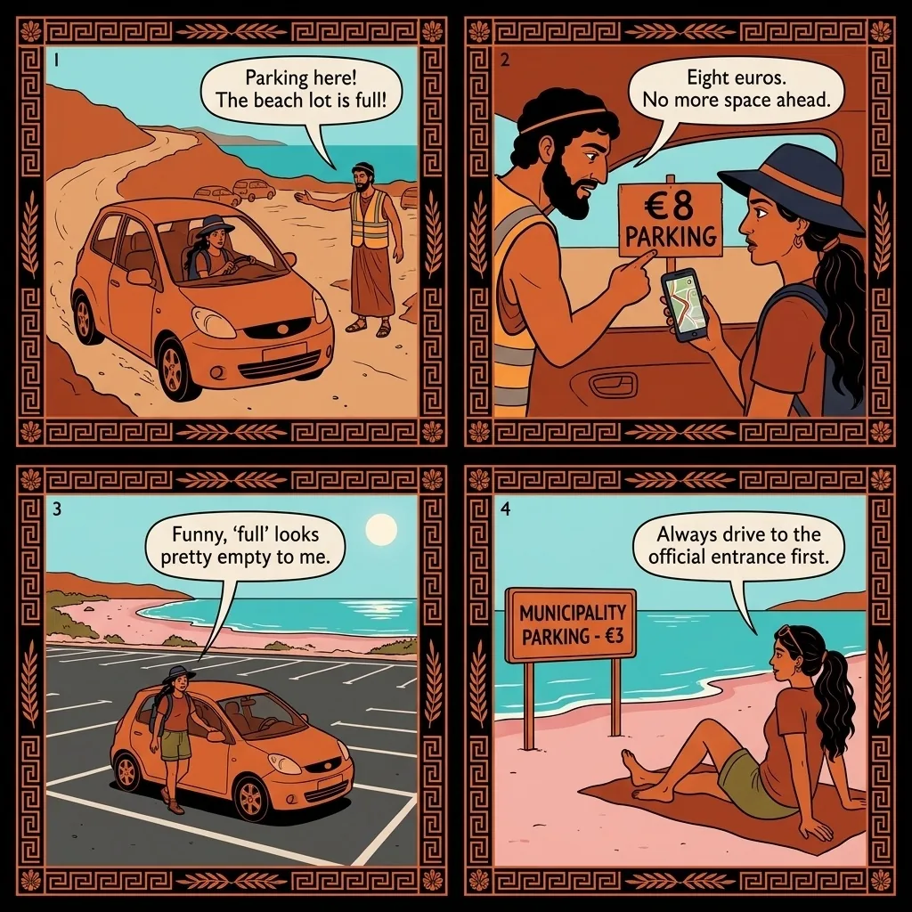Elafonissi Beach Parking Scam — comic illustration