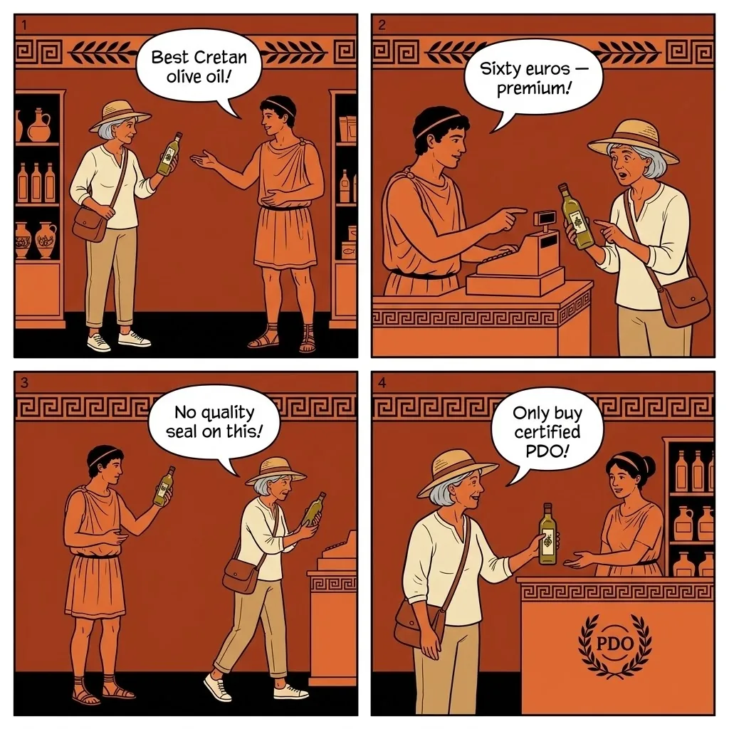 'Authentic' Cretan Olive Oil & Souvenir Shop Markup — comic illustration