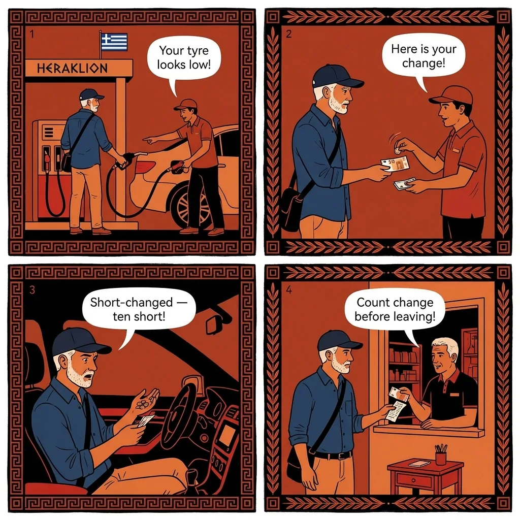Shell Petrol Station Short-Change at Souda — comic illustration