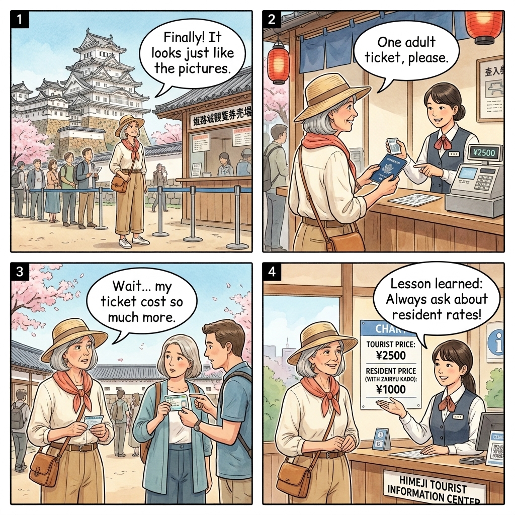 Himeji Castle Dual-Pricing Surcharge Confusion — comic illustration
