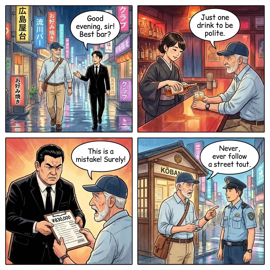 The Nagarekawa-Shintenchi Tout Shakedown — comic illustration