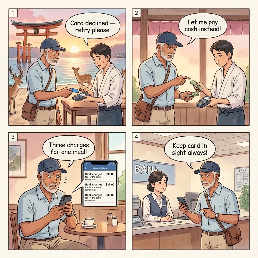 The Miyajima Restaurant Card-Retry Triple Charge — comic illustration
