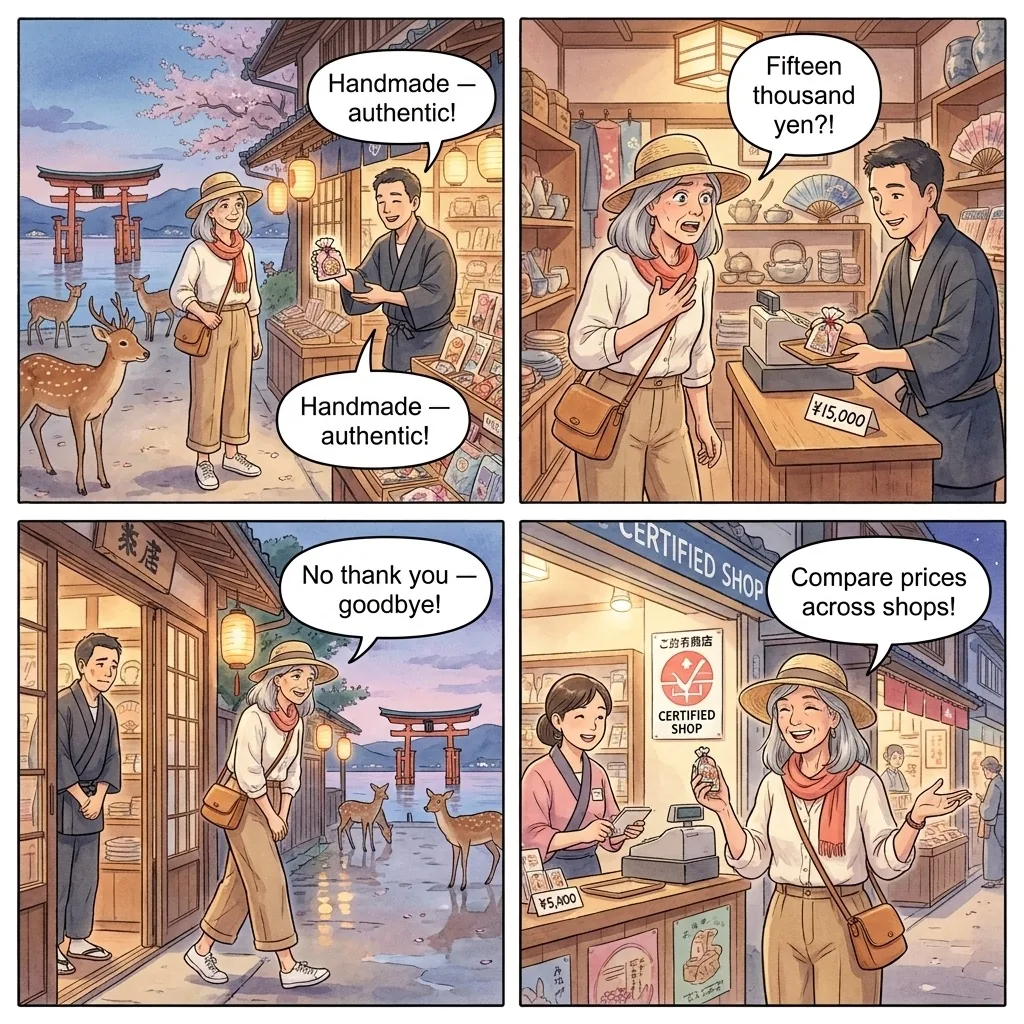 The Tourist-Targeted Souvenir and Food Overprice at Miyajima Omotesand — comic illustration