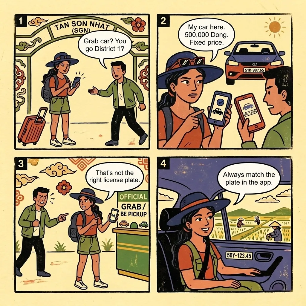 HCMC Tan Son Nhat Airport Fake-Grab Driver Scam — comic illustration