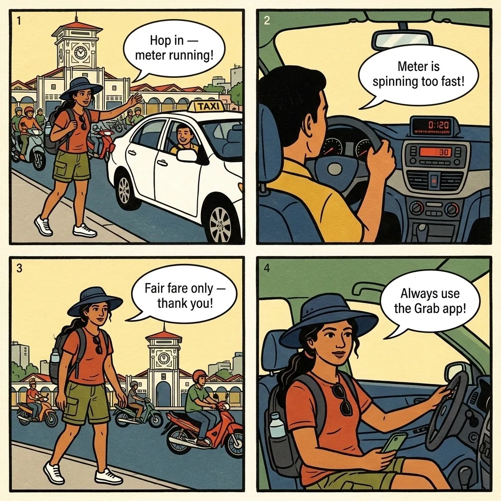 HCMC Street Taxi Meter Tampering & Vinasun Copycats — comic illustration