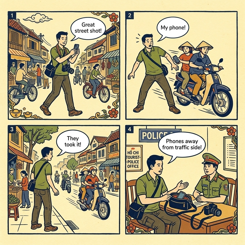 Saigon Bui Vien motorcycle phone snatch comic, tourist on the backpacker street holding up a phone for a Grab map while a passing motorbike rider reaches across