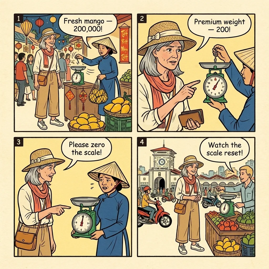 Ben Thanh Market Tourist Overcharge & Saigon Square Confusion — comic illustration