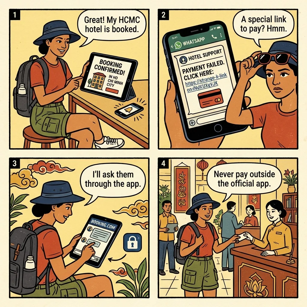 HCMC Booking.com / Agoda Off-Platform Payment Fraud — comic illustration