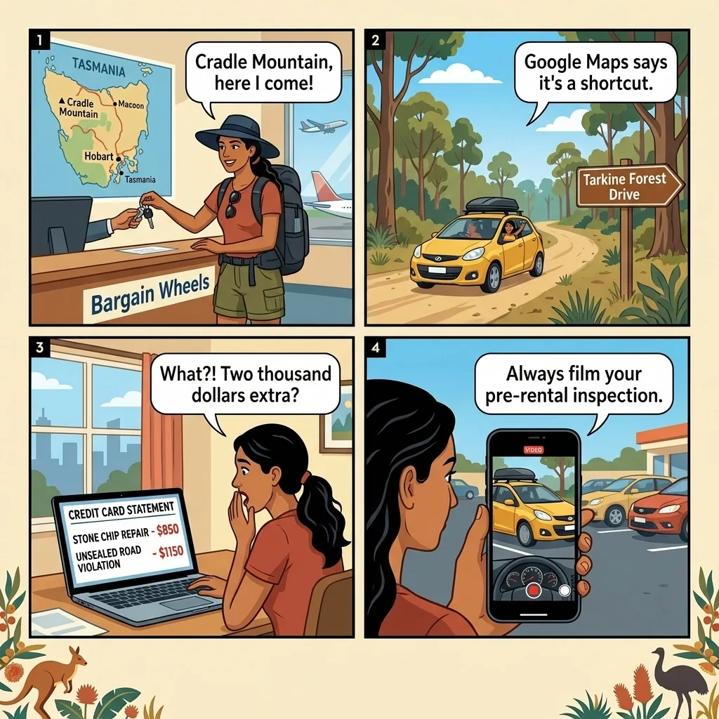 Tasmania Rental Car Phantom Damage & Unsealed-Road Clause — comic illustration