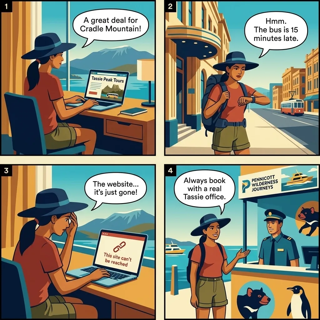 AI-Generated Fake Tasmania Tour Booking Sites — comic illustration