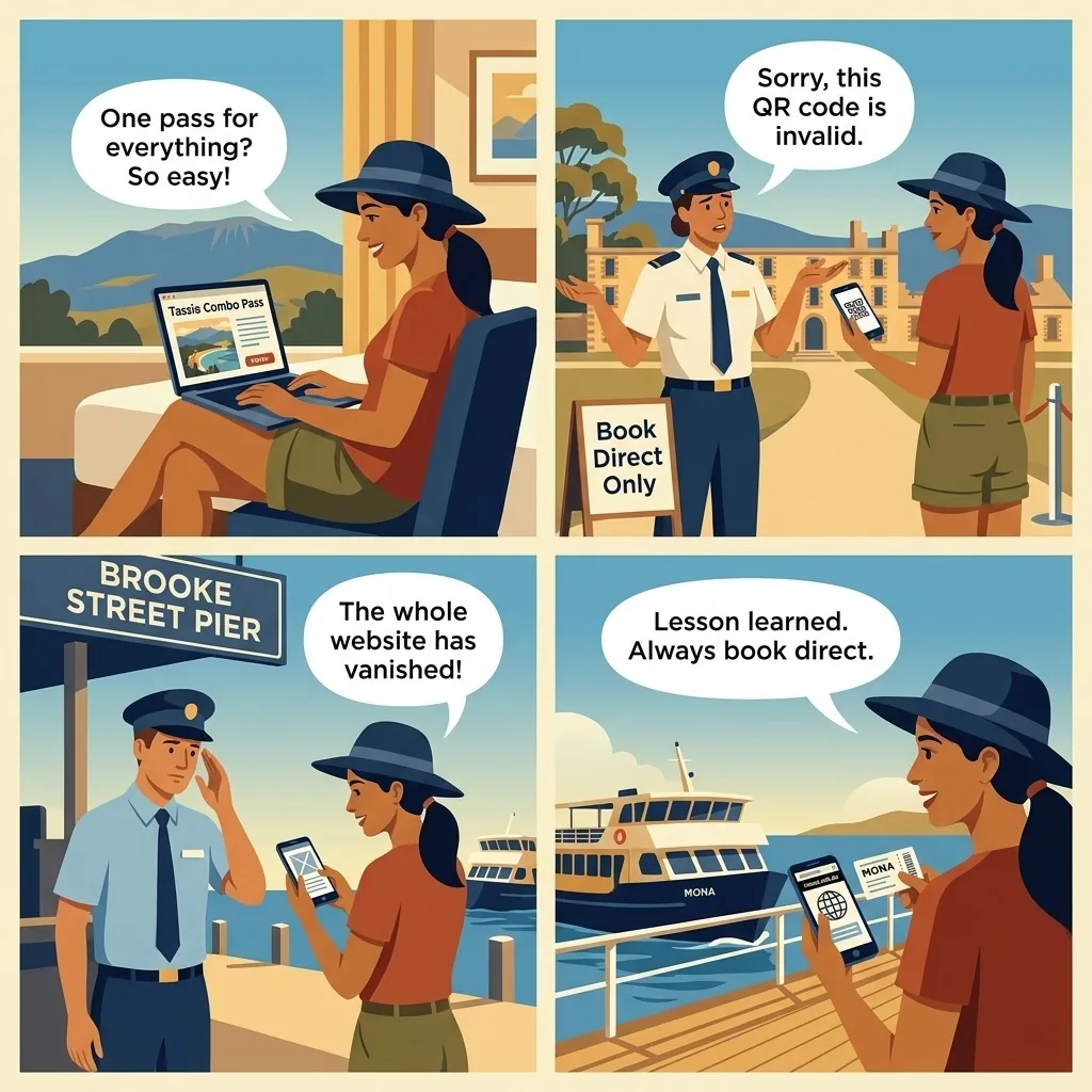 Fake Port Arthur, Bruny Island & MONA Ferry Ticket Scam — comic illustration
