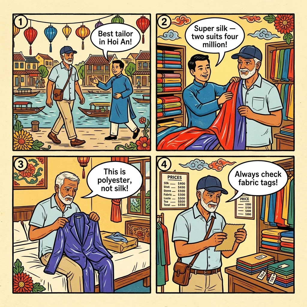 Hoi An Tailor Scam & 'Exclusive' Fabric Markup — comic illustration