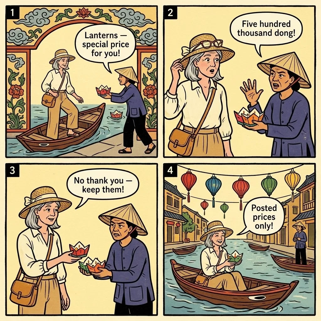 Hoi An Lantern Boat Ride Pushy Vendors & Fake Monk — comic illustration