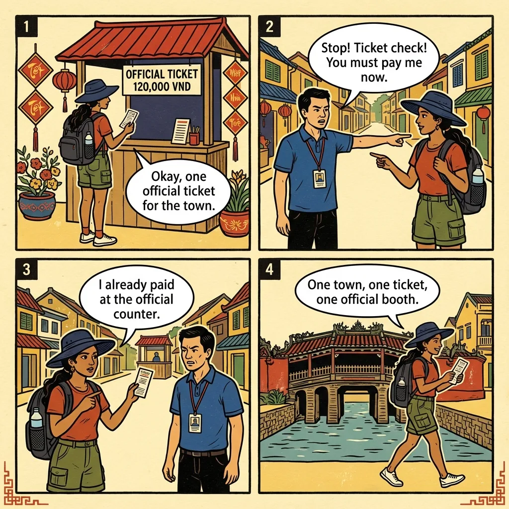 Hoi An Ancient Town Ticket & 'Fake Ticket Checker' Confusion — comic illustration