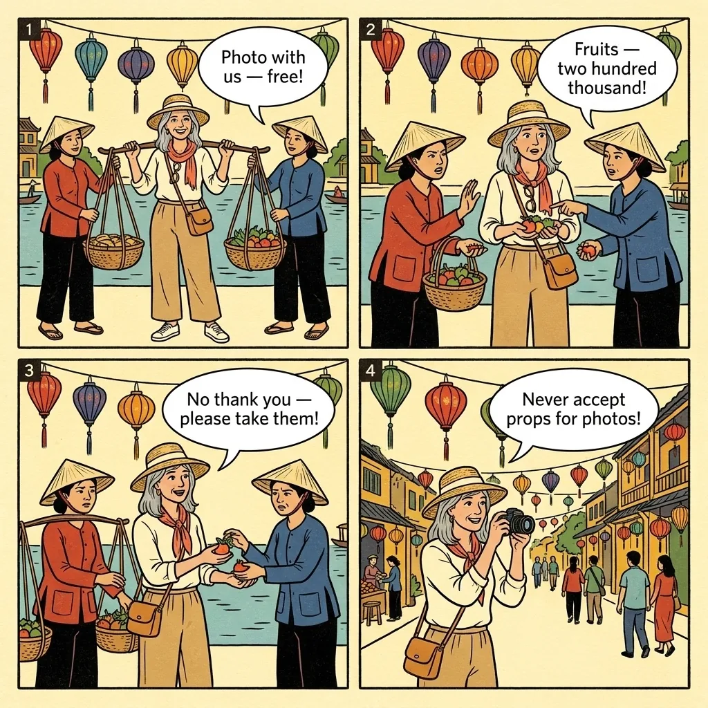 Hoi An 'Fruit Ladies' Photo Trap & Forced Weight Overcharge — comic illustration