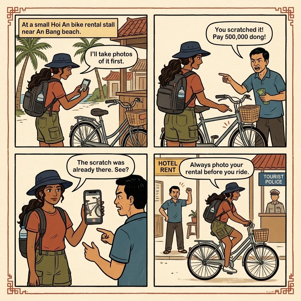 Hoi An Beach Bicycle & Motorbike Rental Damage Claims — comic illustration