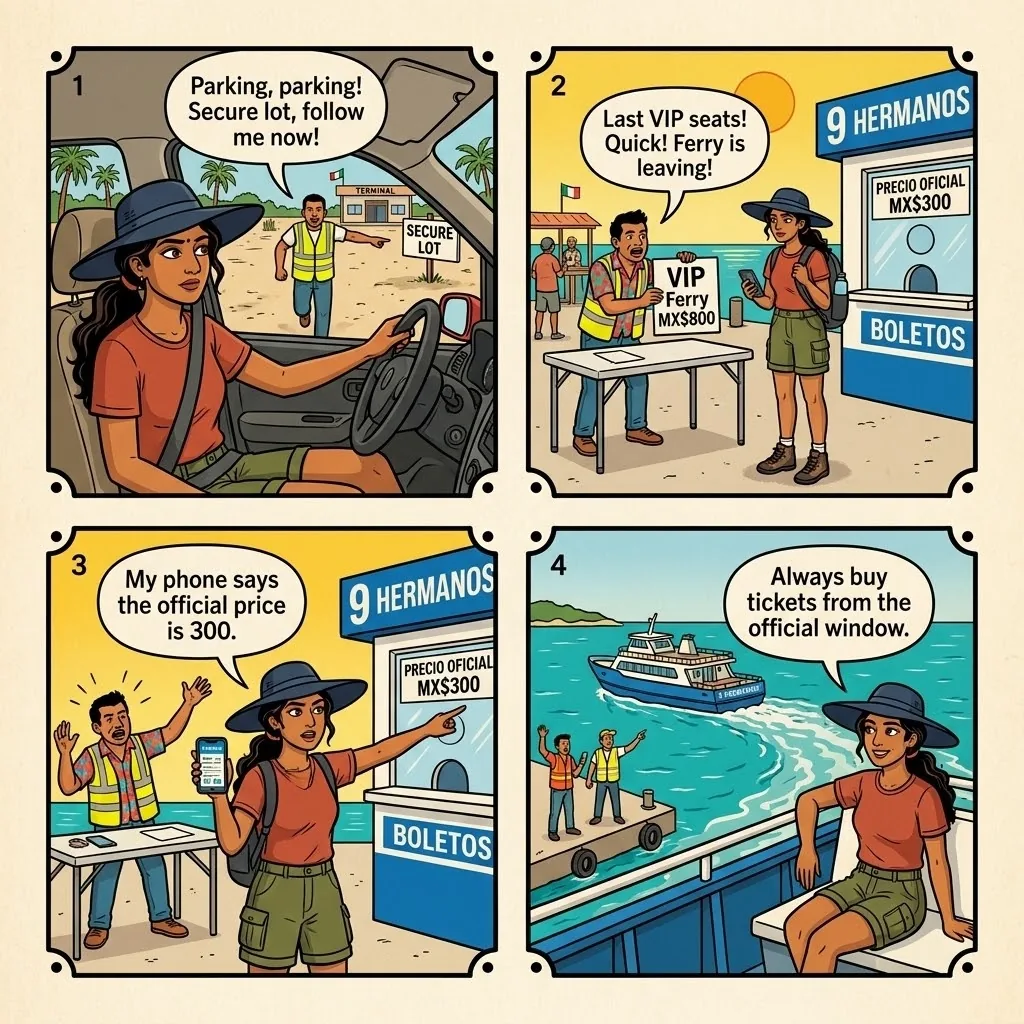 Chiquilá Ferry-and-Parking Shake-Down — comic illustration