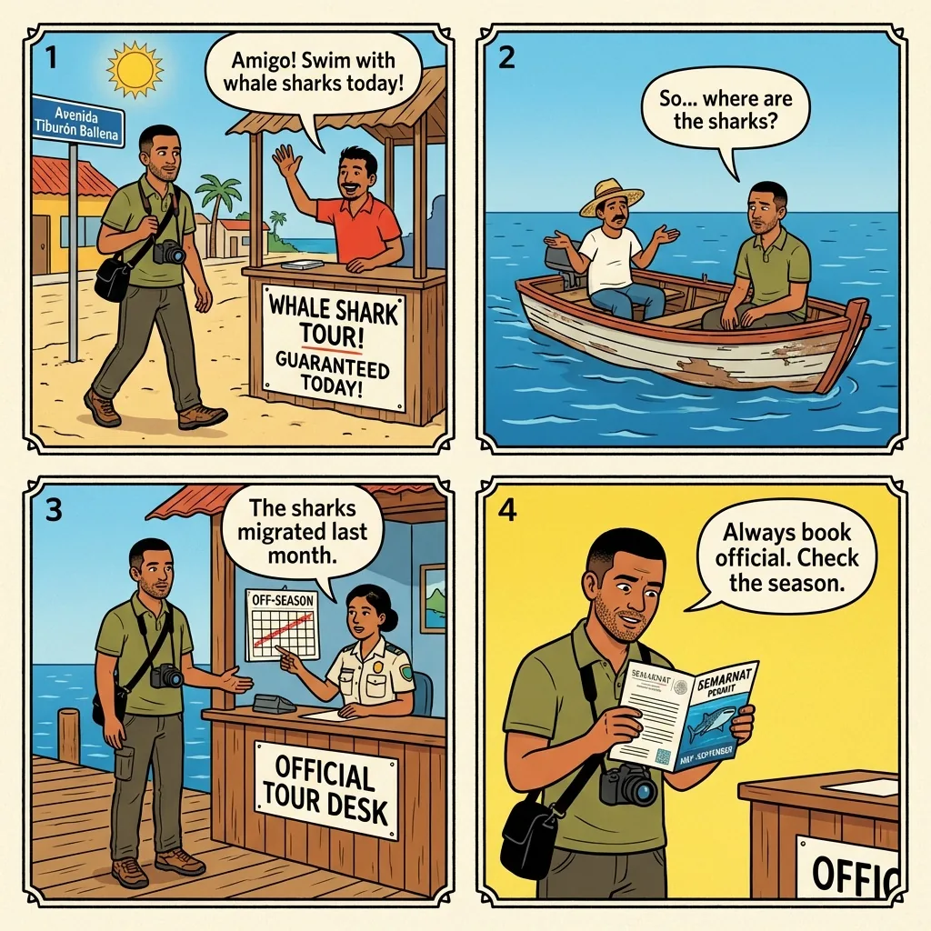 Whale-Shark Off-Season 'Guarantee' Fraud — comic illustration