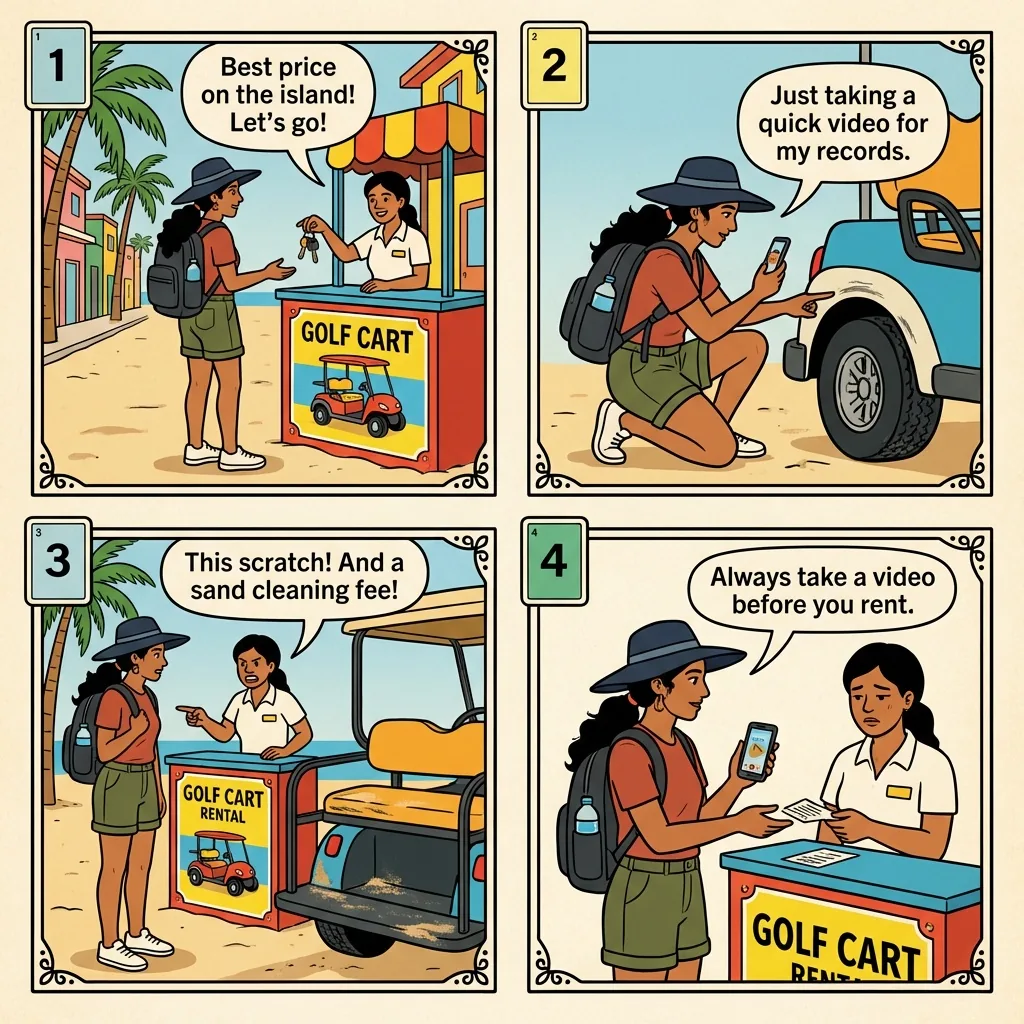 Golf-Cart Pre-Damage 'Sand-Stuck' Fraud — comic illustration