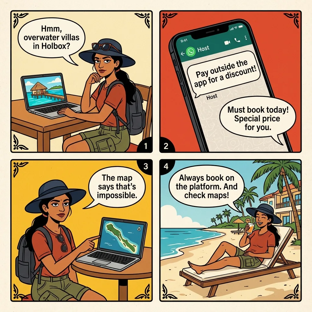 Overwater-Bungalow WhatsApp Listing Fraud — comic illustration