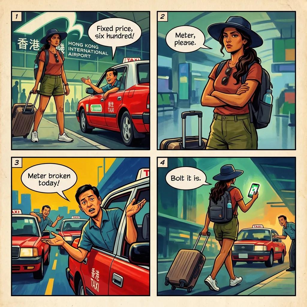 Airport & Peak Tram Taxi Overcharge — comic illustration