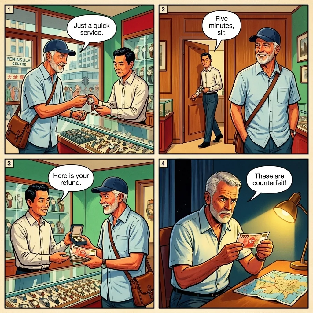 Peninsula Centre Fake-Watch-Repair Shop — comic illustration