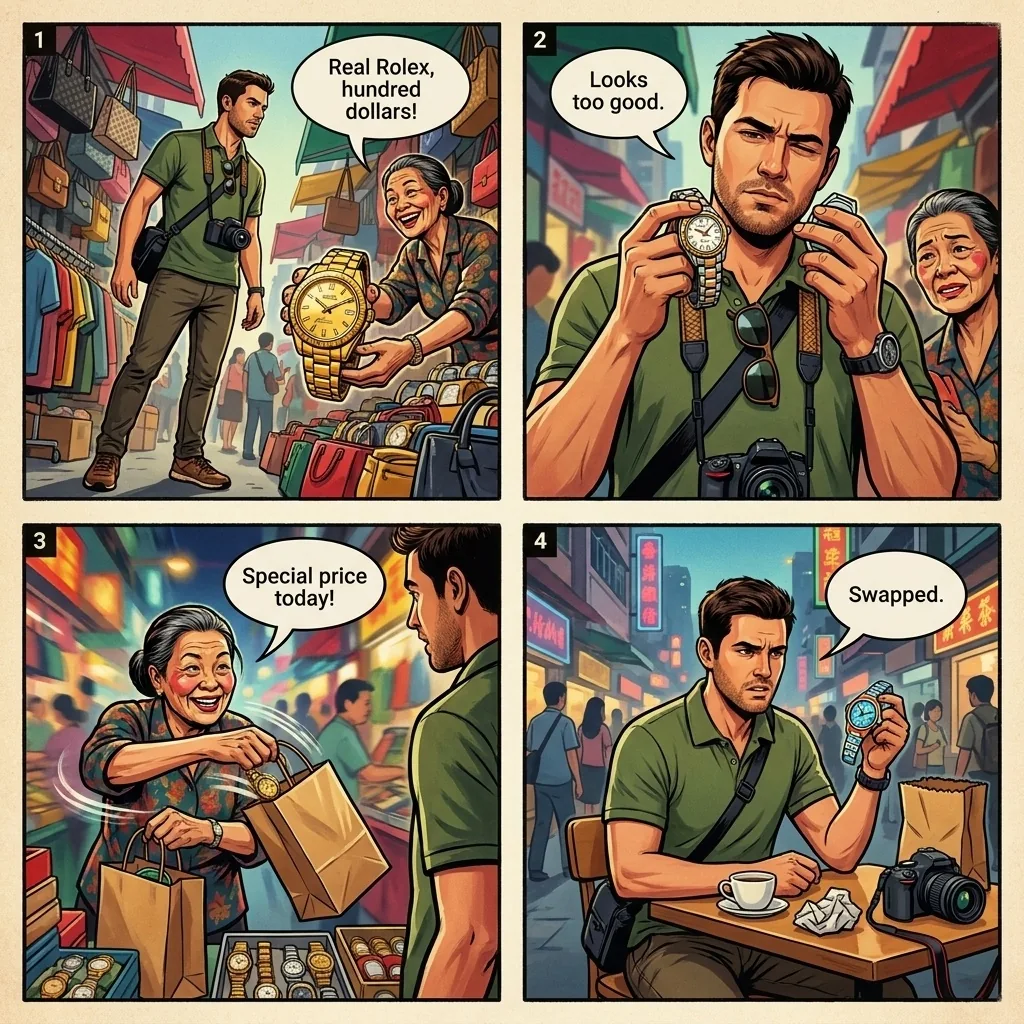 Mong Kok & Ladies' Market Counterfeit Run — comic illustration
