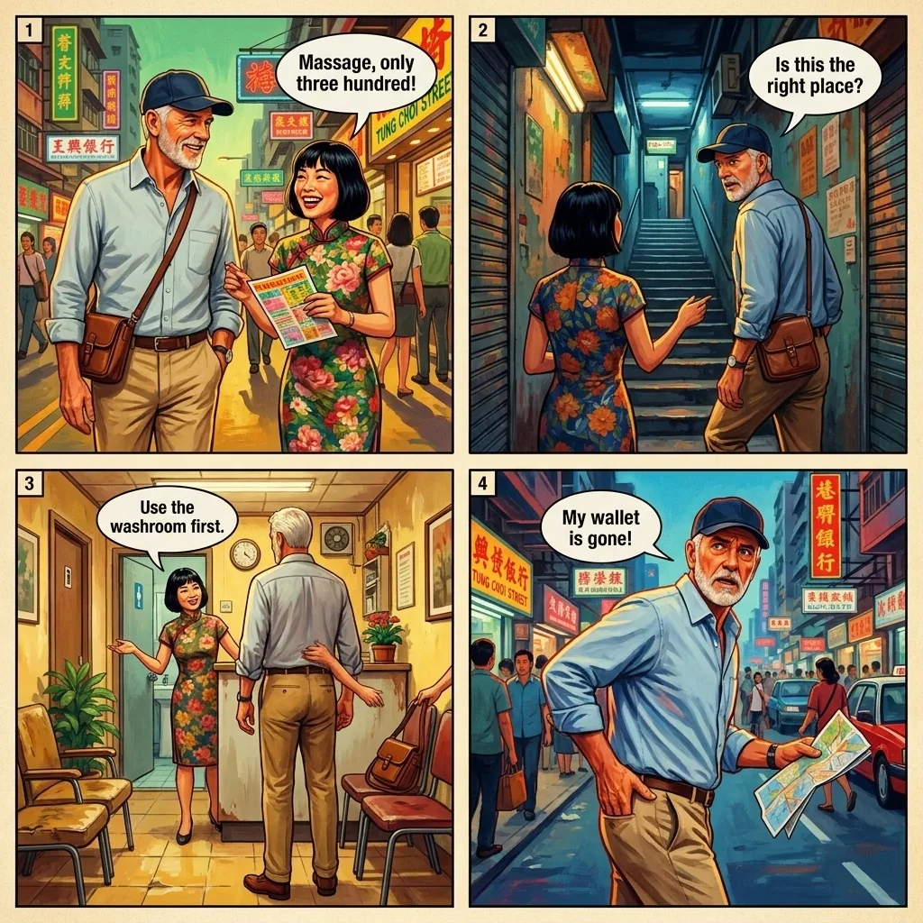 Mong Kok 'Massage' Wallet Theft — comic illustration