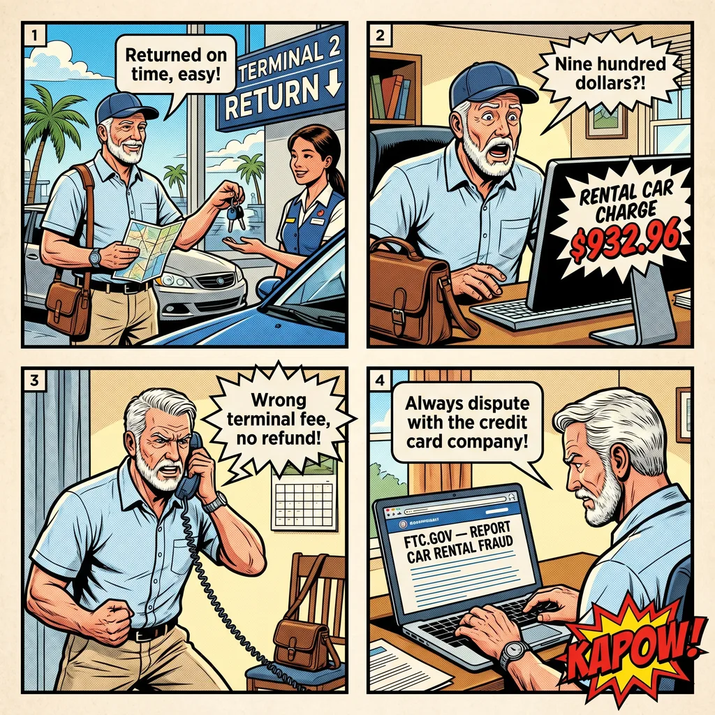 The Rental Car Return Terminal Fee Scam — comic illustration