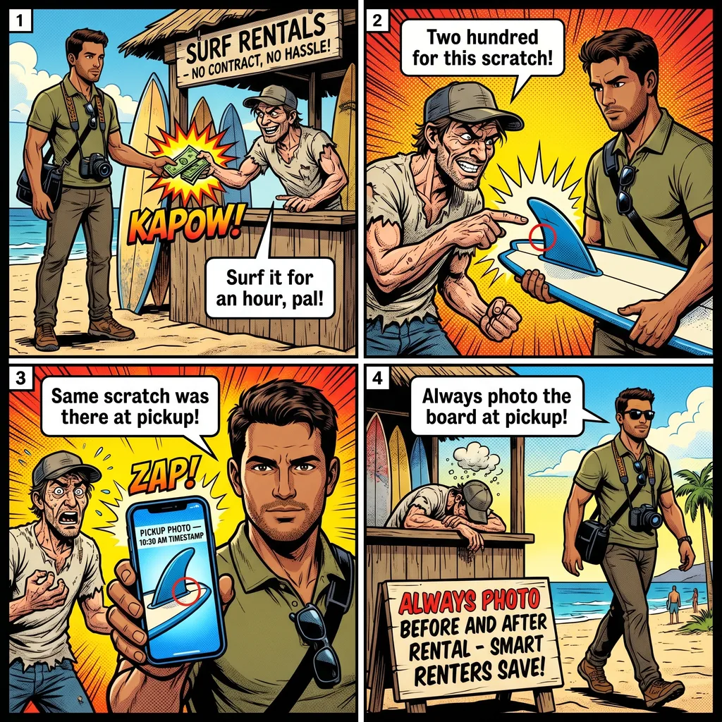 The Waikiki Beach Equipment Damage Fee Shakedown — comic illustration